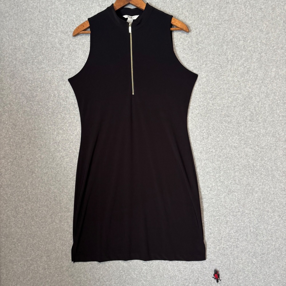 WHBM Women's Medium Midi Dress Black Sleeveless Mock Neck Gold Zip Up Formal NWT